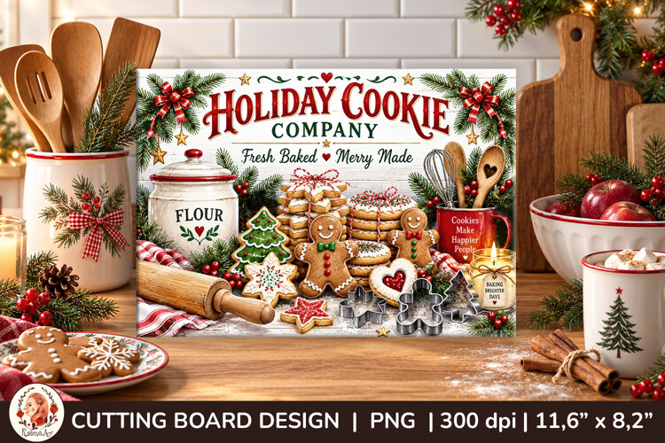 Christmas cutting board PNG with vintage baking scene example image 1
