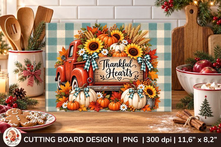 Cutting board vintage red pickup truck filled with pumpkins, example image 1