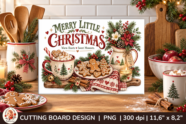 Christmas cutting board PNG with vintage baking scene