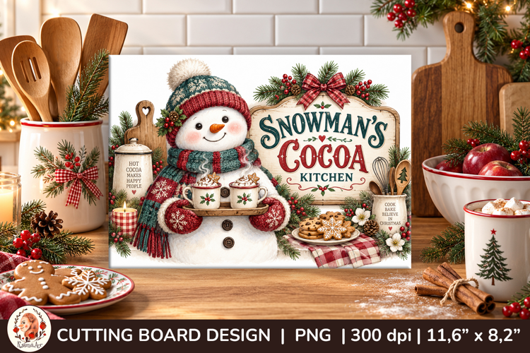 Christmas snowman cutting board PNG with a cozy cocoa