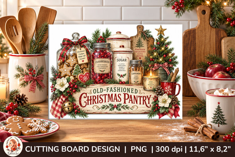Christmas cutting board PNG with vintage baking scene example image 1