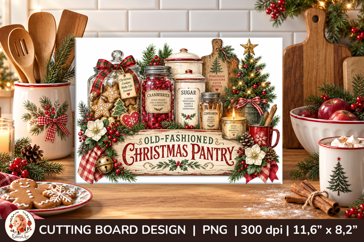 Christmas cutting board PNG with vintage baking scene