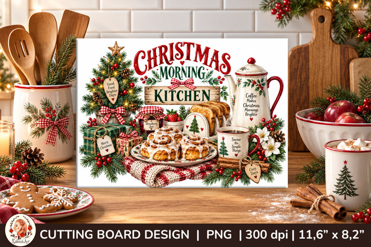 Christmas cutting board PNG with vintage baking scene example image 1