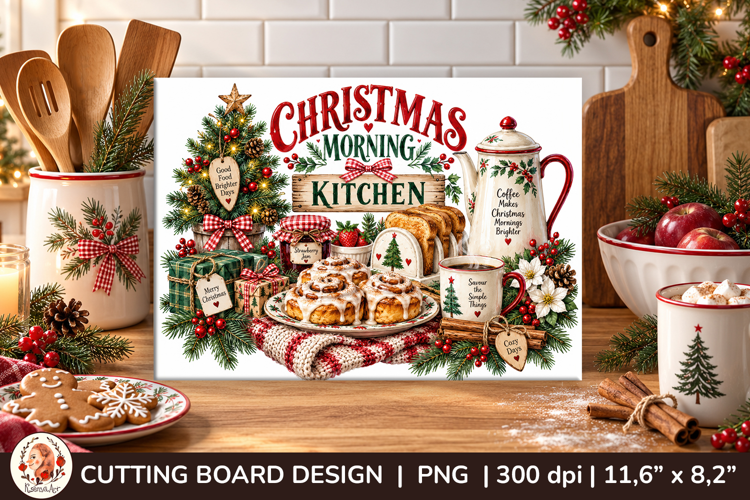 Christmas cutting board PNG with vintage baking scene