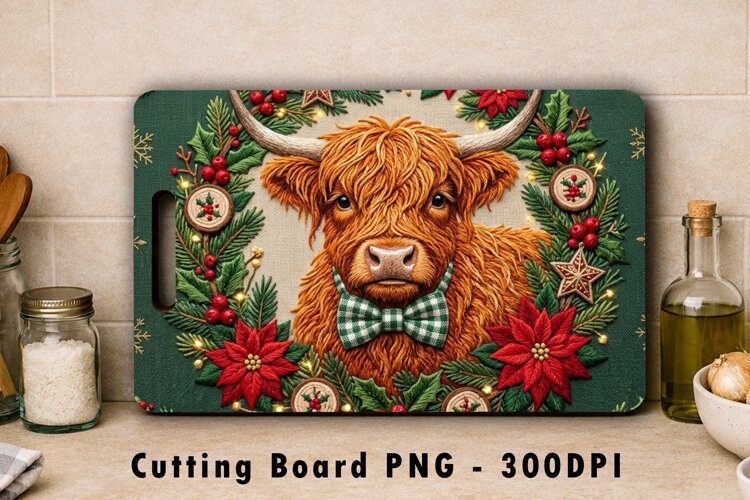 Christmas Highland Cow Cutting Board PNG Sublimation example image 1