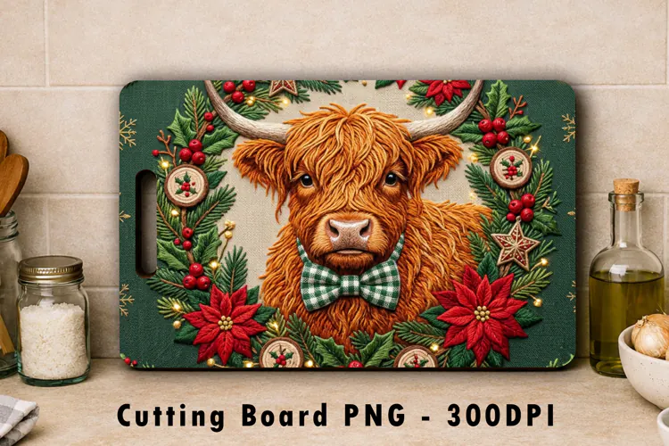 Christmas Highland Cow Cutting Board PNG Sublimation