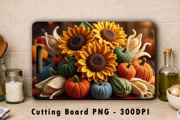 Crochet Fall Sunflower Pumpkin Cutting Board Sublimation PNG example image 1