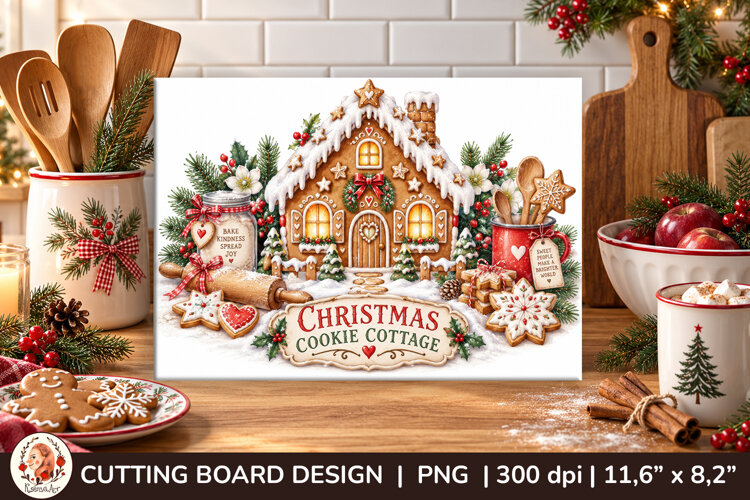 Christmas cutting board PNG with vintage baking scene example image 1