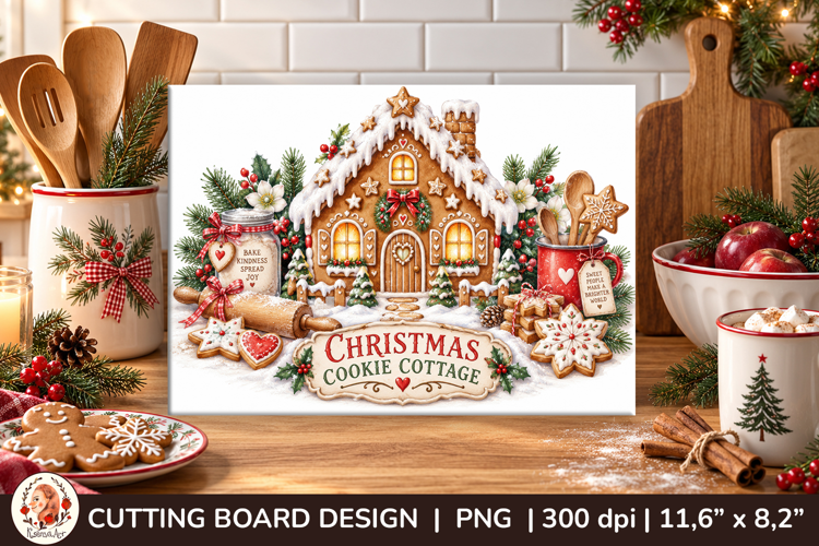 Christmas cutting board PNG with vintage baking scene