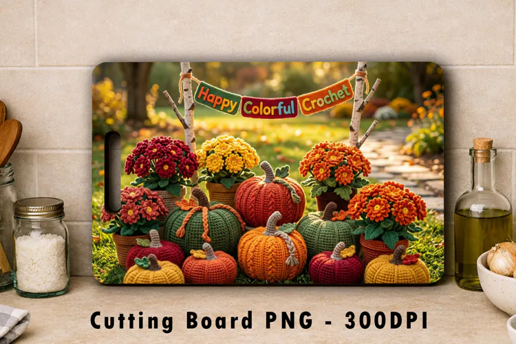 Happy Colorful Crochet Fall Cutting Board PNG 300 DPI