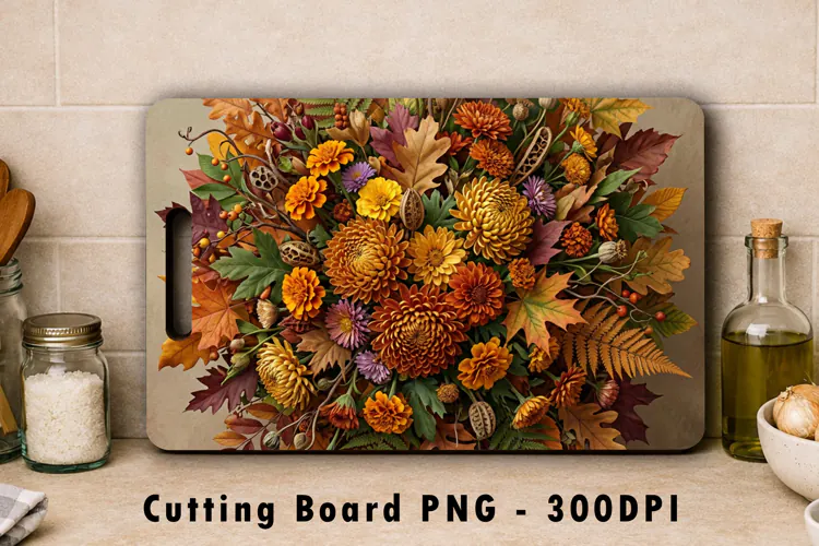 Autumn Floral Cutting Board Sublimation PNG 300 DPI Design