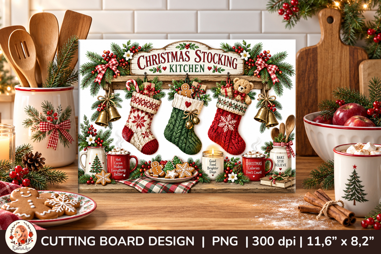Christmas cutting board PNG with vintage baking scene
