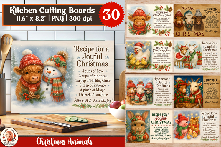 Christmas Cutting Board Designs with Farm Animals Bundle