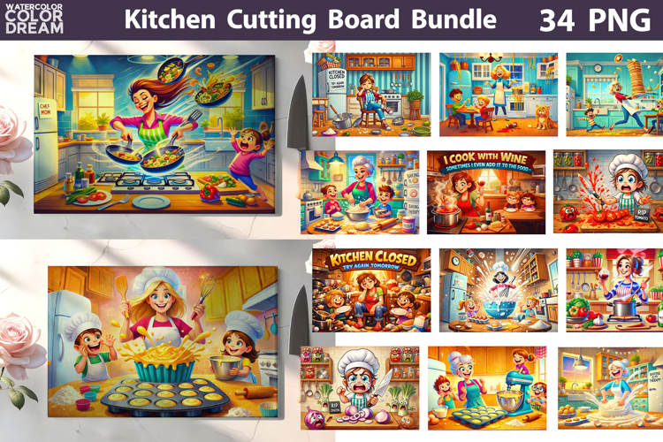 Funny Kitchen Cutting Board Bundle | Kitchen Chaos Scenes