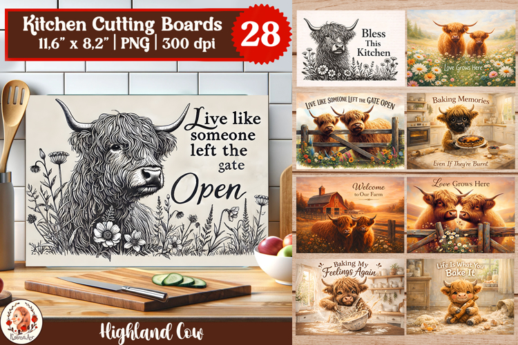 Highland Cow Cutting Board Bundle | 28 Farmhouse Kitchen PNG