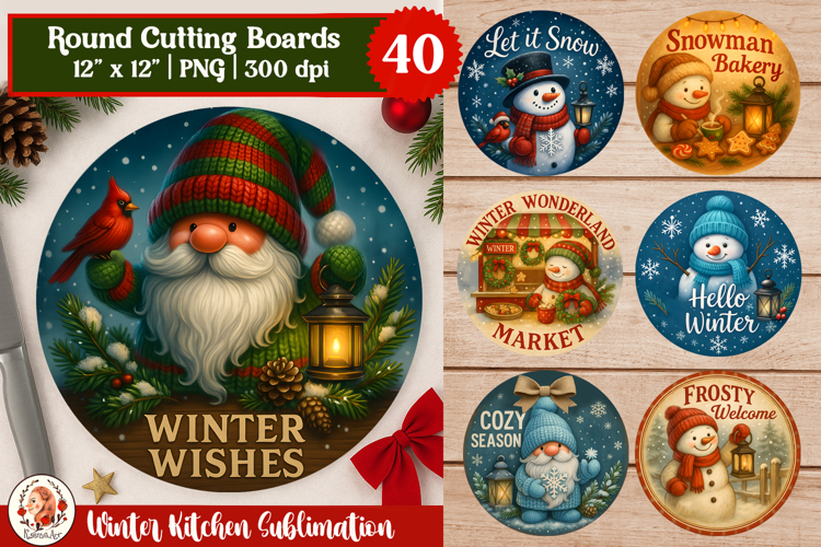 Winter Round Kitchen Glass Cutting Board Bundle