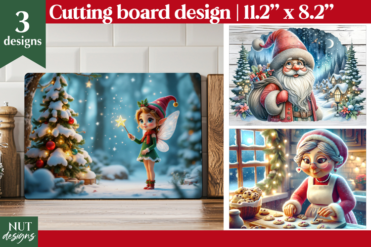 Christmas cutting board design, Santa Claus, Elf, Mrs Claus
