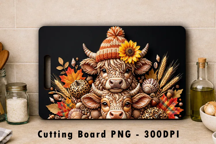 Autumn Highland Cow Cutting Board PNG Sublimation