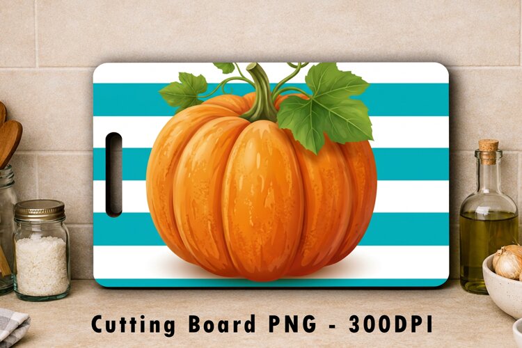 Teal Stripe Orange Pumpkin Cutting Board Sublimation PNG 300 example image 1