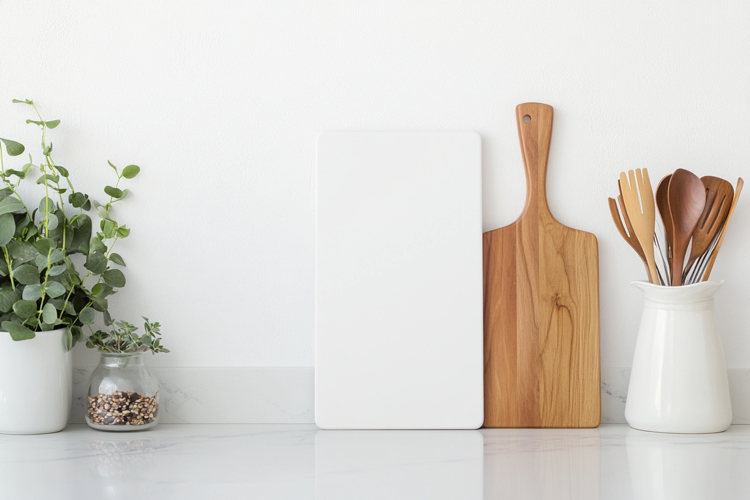 White Vertical Cutting Board Mockup with Kitchen Utensils