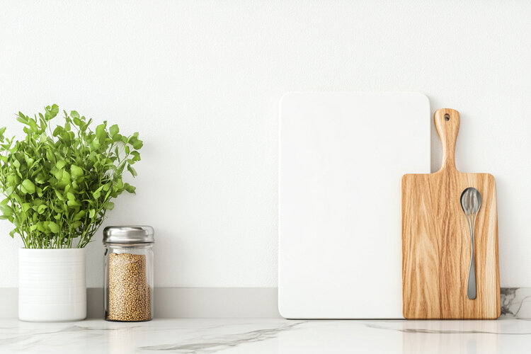 White Vertical Cutting Board Mockup with Kitchen Utensils example image 1