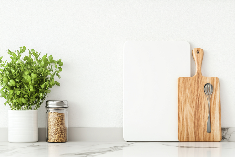 White Vertical Cutting Board Mockup with Kitchen Utensils