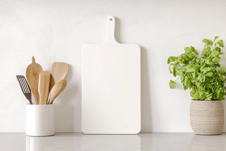 White Vertical Cutting Board Mockup with Kitchen Utensils