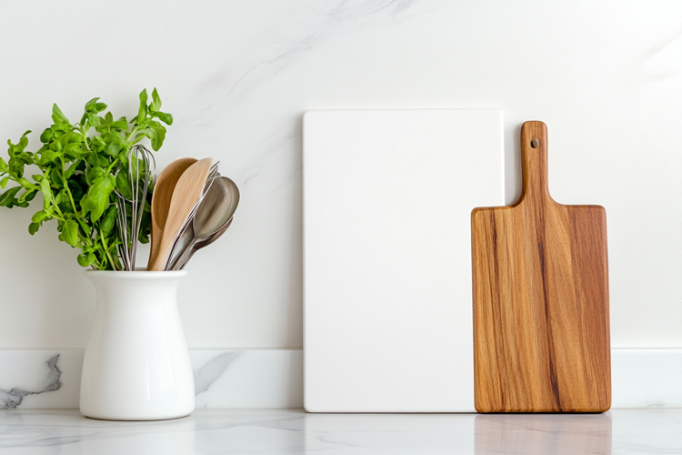 White Vertical Cutting Board Mockup with Kitchen Utensils