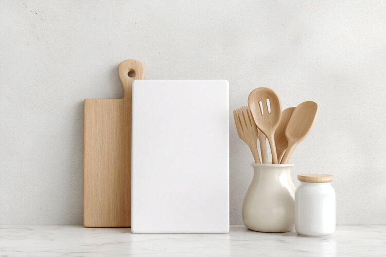White Vertical Cutting Board Mockup with Kitchen Utensils example image 1