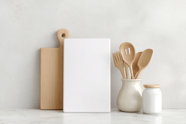 White Vertical Cutting Board Mockup with Kitchen Utensils