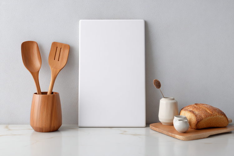 White Vertical Cutting Board Mockup with Kitchen Utensils