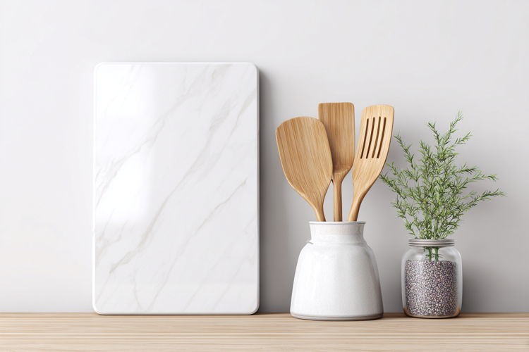 White Vertical Cutting Board Mockup with Kitchen Utensils