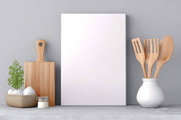 White Vertical Cutting Board Mockup with Kitchen Utensils