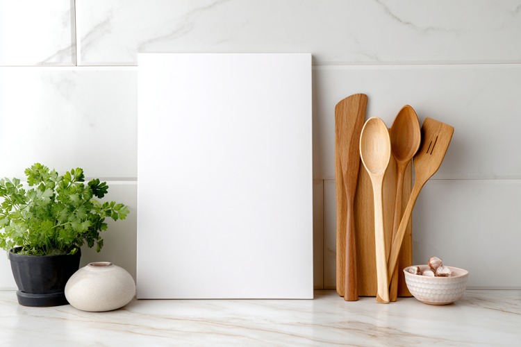 White Vertical Cutting Board Mockup with Kitchen Utensils