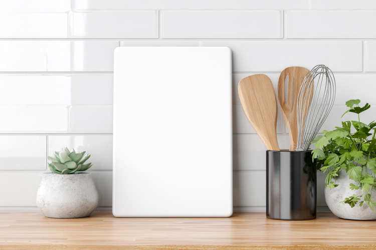 White Vertical Cutting Board Mockup with Kitchen Utensils