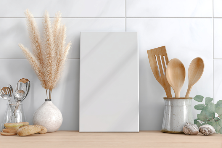 White Vertical Cutting Board Mockup with Kitchen Utensils