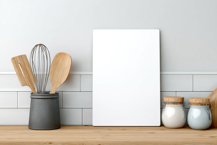 White Vertical Cutting Board Mockup with Kitchen Utensils