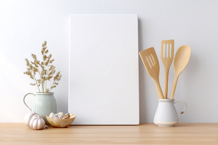 White Vertical Cutting Board Mockup with Kitchen Utensils