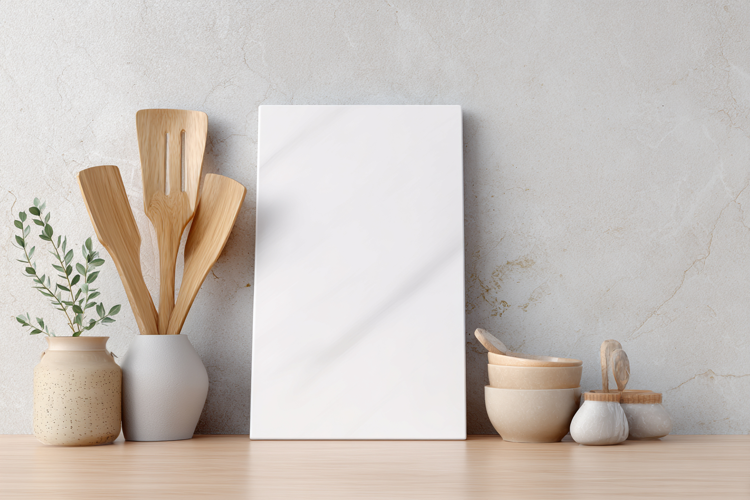 White Vertical Cutting Board Mockup with Kitchen Utensils