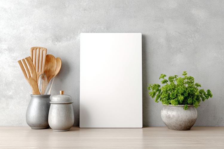 White Vertical Cutting Board Mockup with Kitchen Utensils