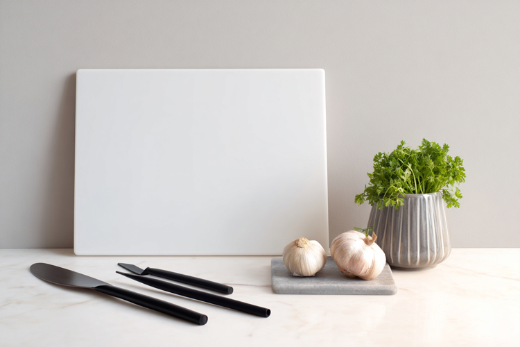 White Vertical Cutting Board Mockup with Kitchen Utensils