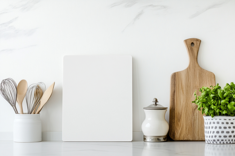 White Vertical Cutting Board Mockup with Kitchen Utensils