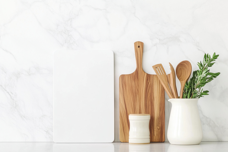 White Vertical Cutting Board Mockup with Kitchen Utensils