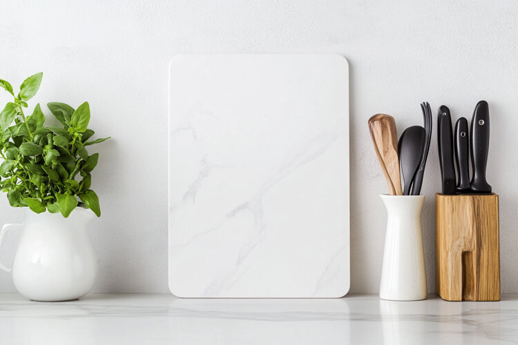 White Vertical Cutting Board Mockup with Kitchen Utensils example image 1