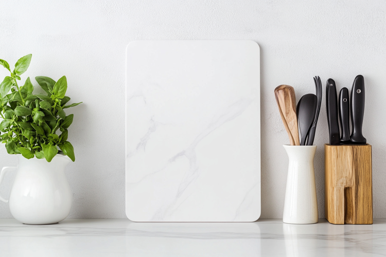 White Vertical Cutting Board Mockup with Kitchen Utensils