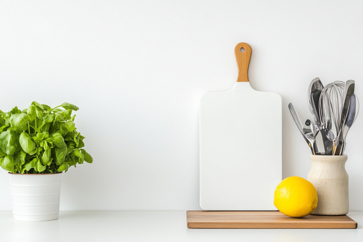 White Vertical Cutting Board Mockup with Kitchen Utensils