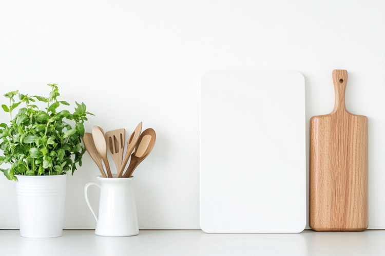 White Vertical Cutting Board Mockup with Kitchen Utensils