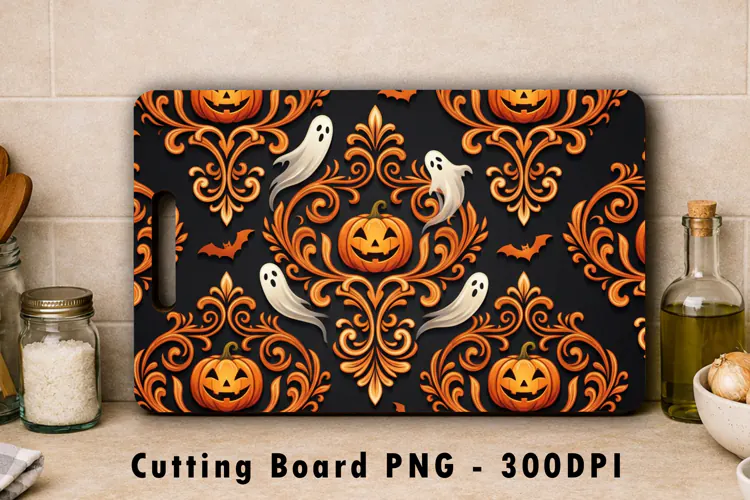 Damask Pumpkin Ghost Cutting Board PNG 300 DPI