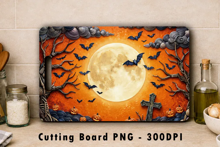 Halloween Cutting Board PNG Full Moon Bats Sublimation Art