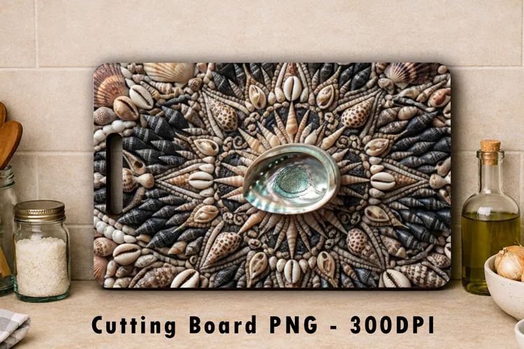 Seashell Cutting Board PNG Ocean Mandala Sublimation Art